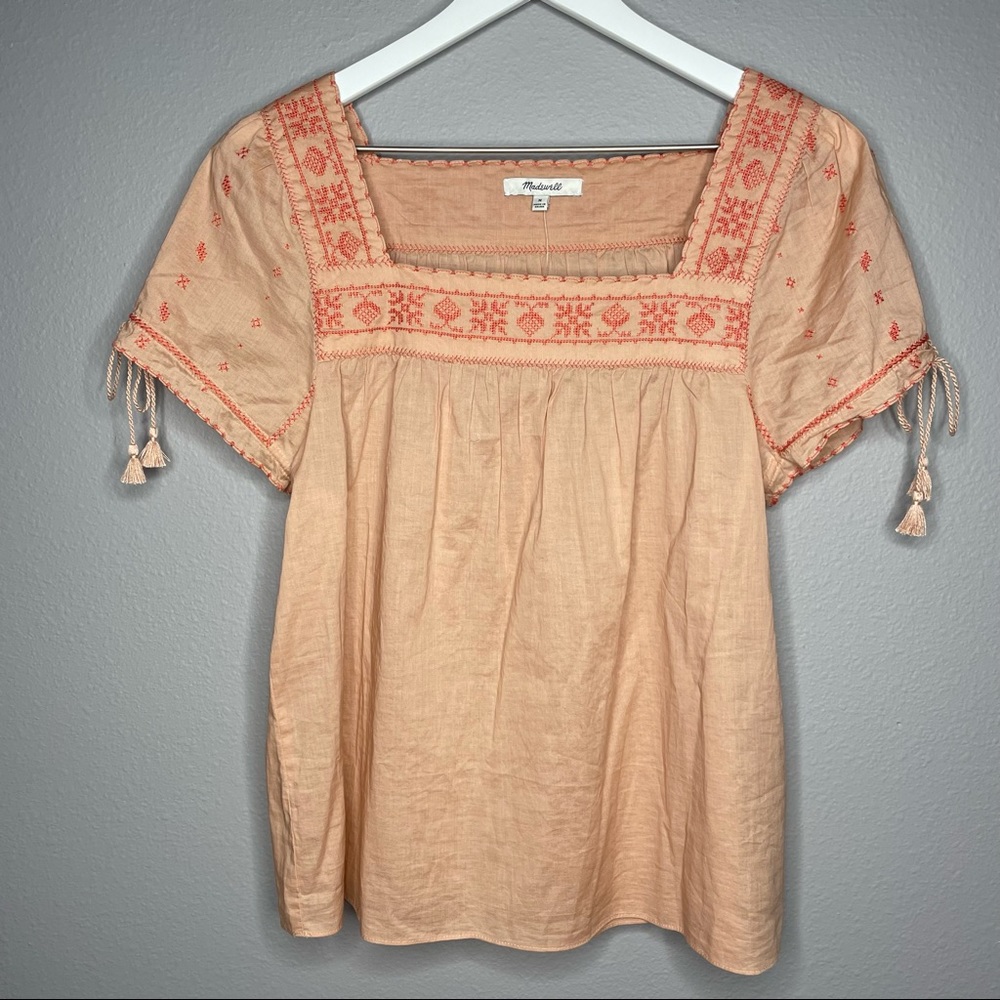 NWT Madewell Embroidered Detail Tassel Short Sleeve Boho Style Top